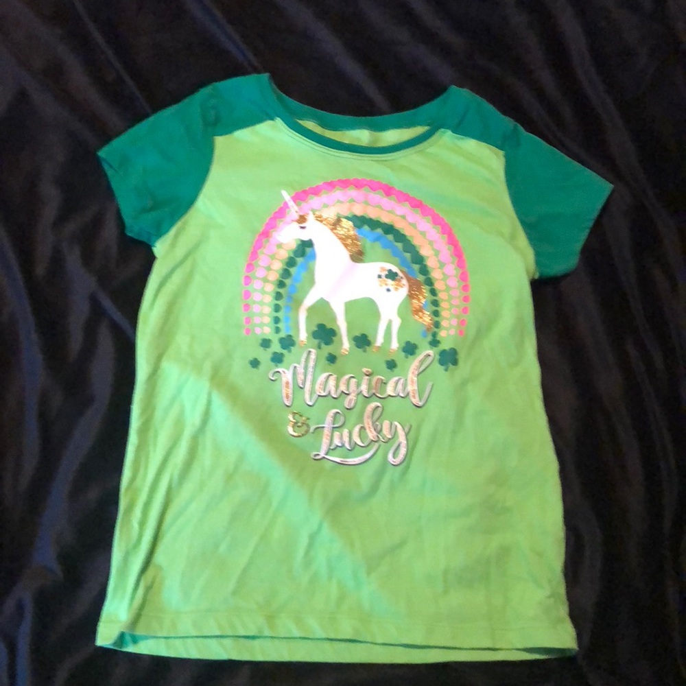 Lucky Unicorn T-Shirt Green Girls XL 14-16